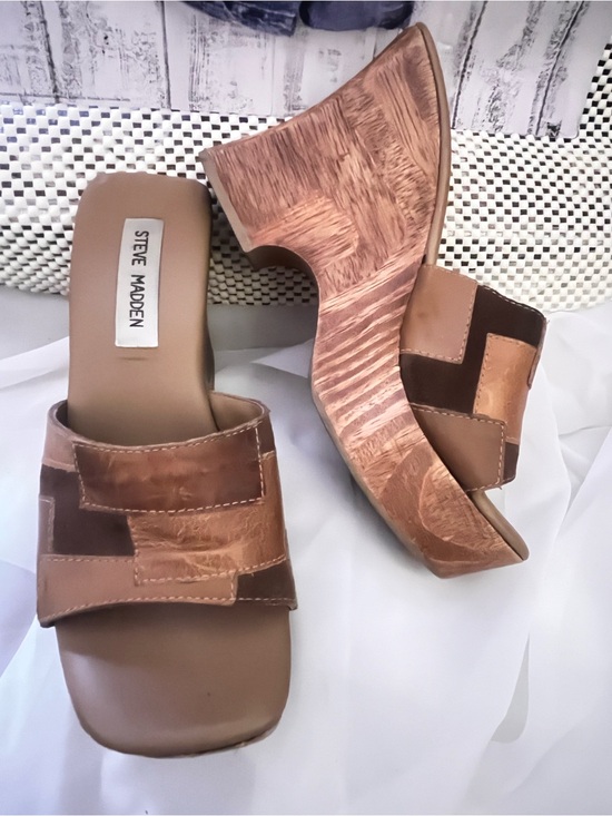 Steve Madden Shoes - Steve Madden Tan and Dark Brown Patchwork Wedge Mules